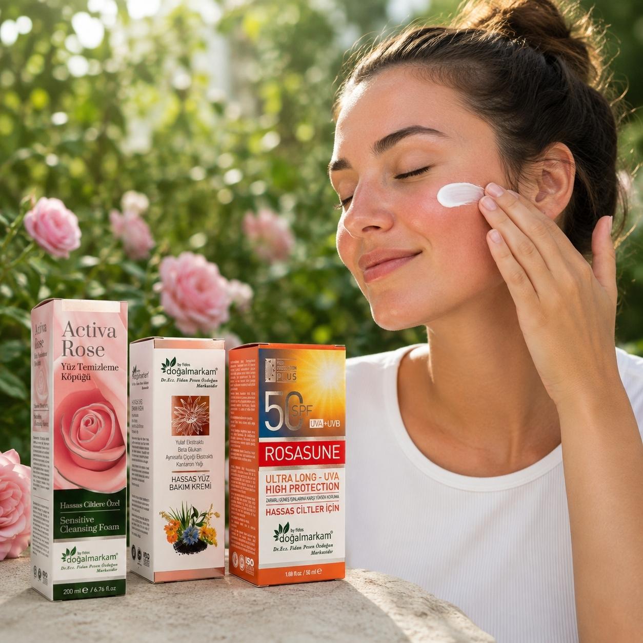 Doğalmarkam Rosasune Güneş Kremi + Roza Krem + Activa Rose Yüz Temizleme Köpüğü 3'lü Set